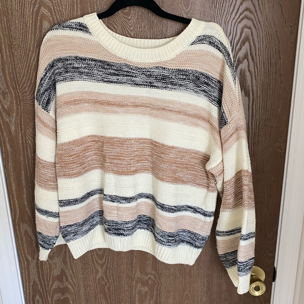 Alya Pink, Blue, and White Striped Crewneck Sweater